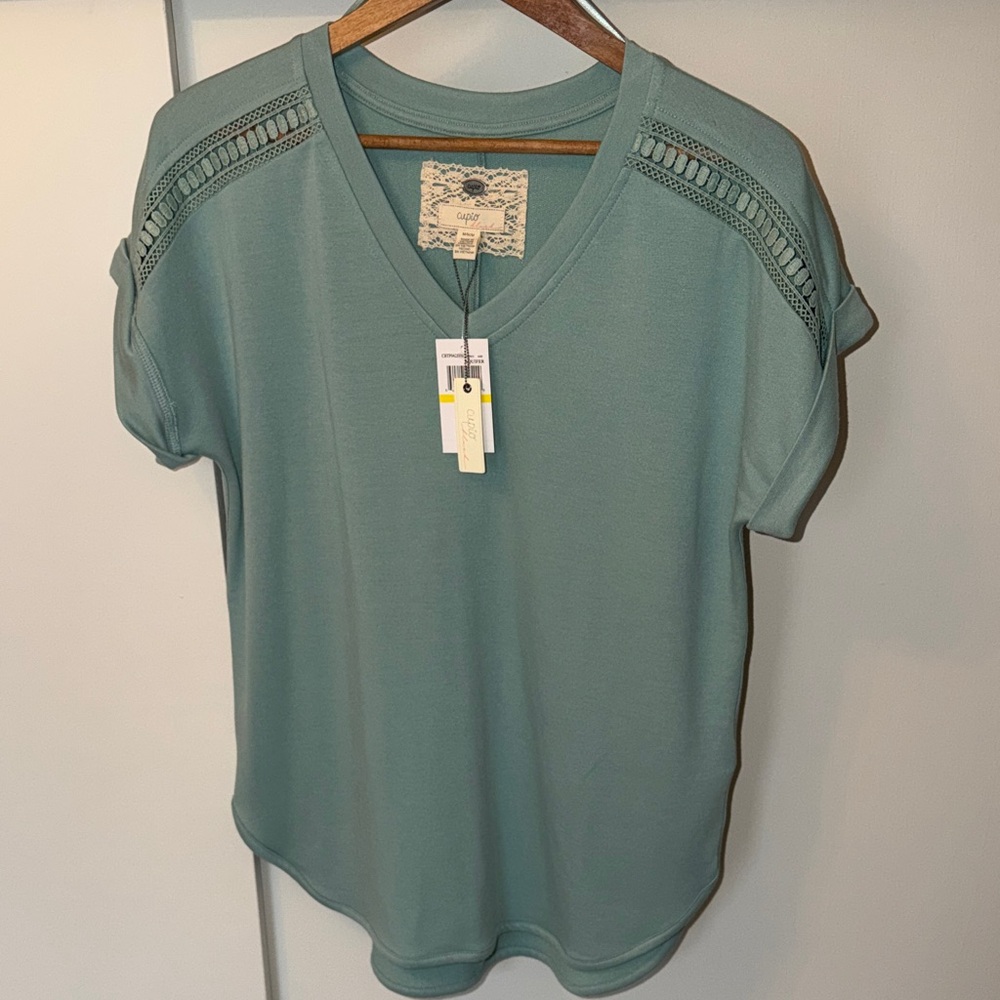 Sage Green V-Neck Crochet Shoulder Top